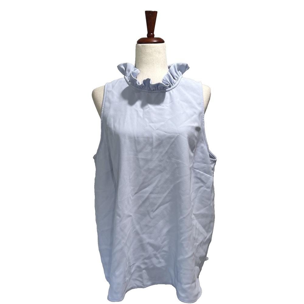 J.Crew Top 2XL Sleeveless Ruffleneck Crepe Blouse in Blue Style M0433 Preppy